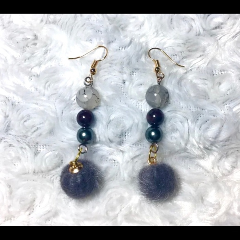 Suede Grey Pompom Garnet Dangle Earrings